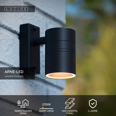 Lucide ARNE-LED - Wandstrahler / Wandleuchte Innen/Außen - Ø 6,3 cm - LED - GU10 - 1x5W 2700K - IP44 - Schwarz